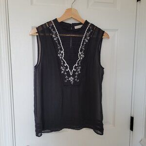 Hinge Sheer Black Sleeveless Top with white embroidery women's size small